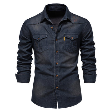 Julian | Casual denim herenoverhemd in de kleur Marineblauw voor heren in Heritage stijl ideaal voor de herfst.