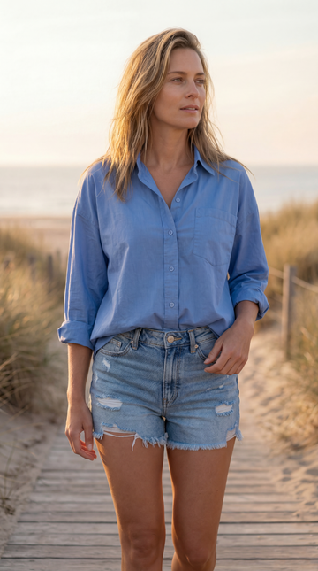 Casual dameslook voor zonnige dagen met een moeiteloze, natuurlijke uitstraling