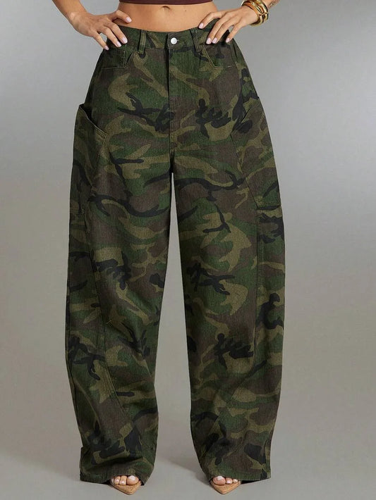 Wide leg camouflage broek