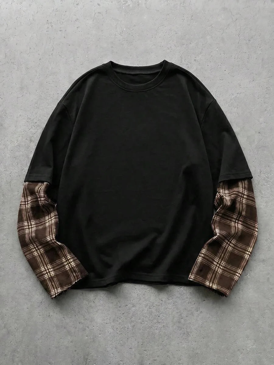T-shirt met plaid patchwork mouwen