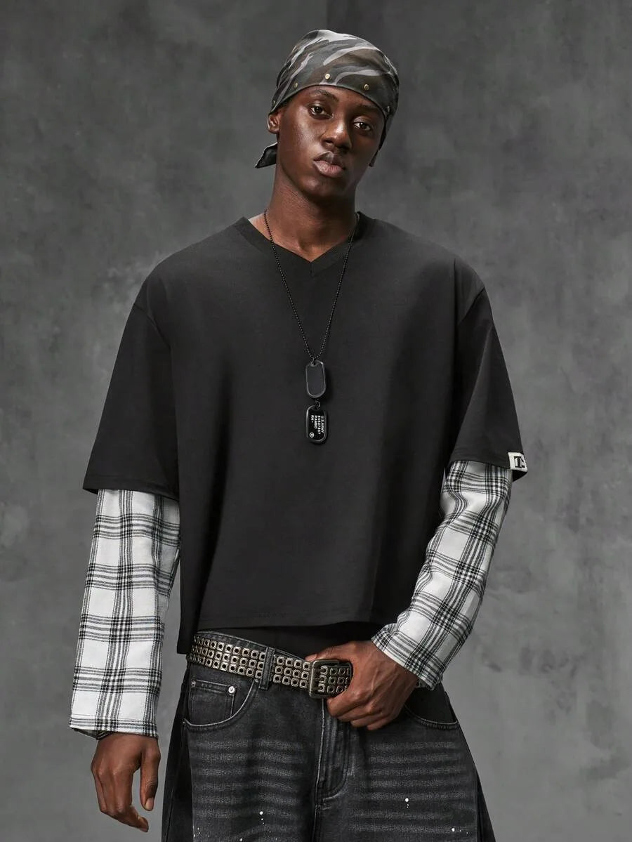 T-shirt met plaid patchwork mouwen