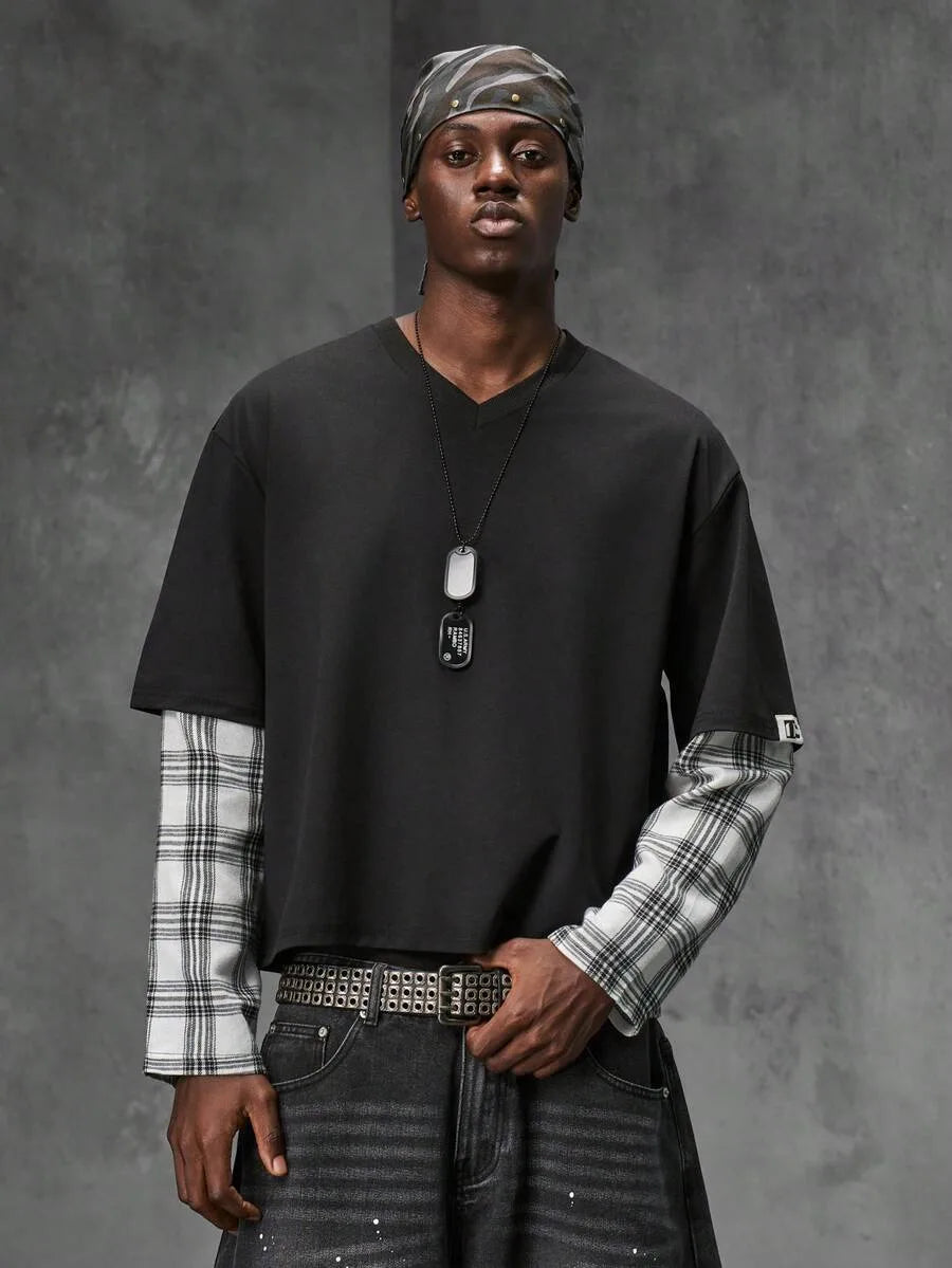 T-shirt met plaid patchwork mouwen