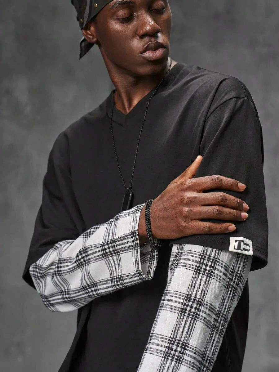 T-shirt met plaid patchwork mouwen