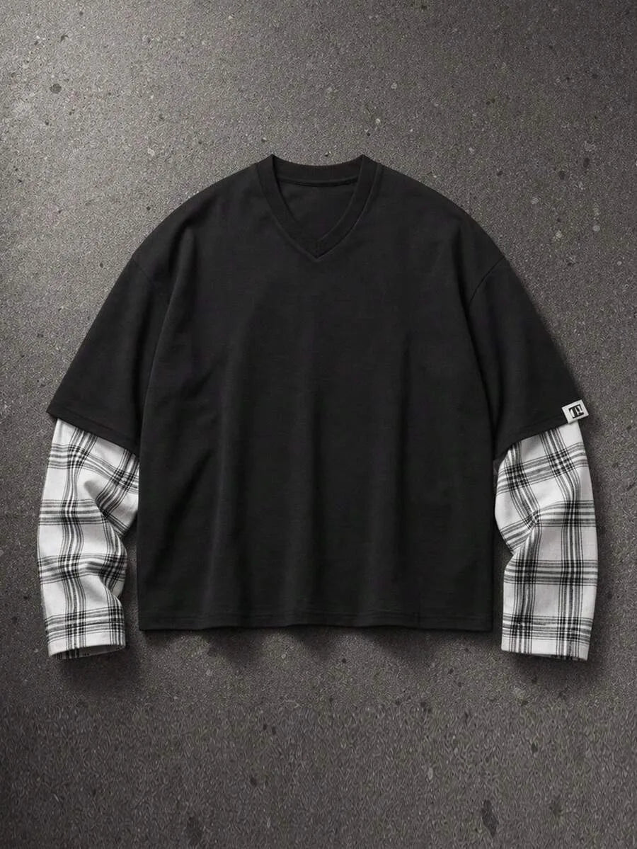T-shirt met plaid patchwork mouwen