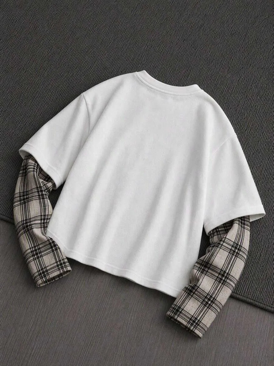 T-shirt met plaid patchwork mouwen