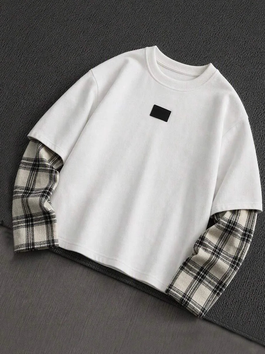 T-shirt met plaid patchwork mouwen