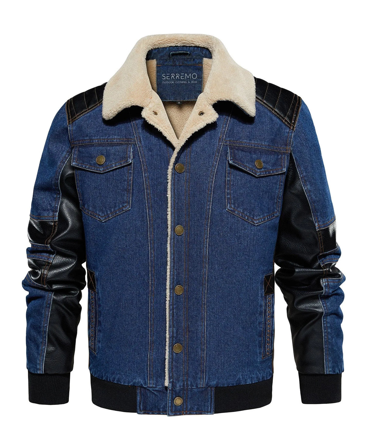 Bomberjack met denim en leren mouwen