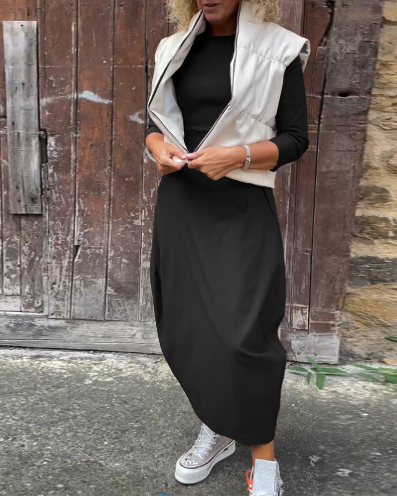 Elegant Maxi Dress with Long Sleeves & Pockets