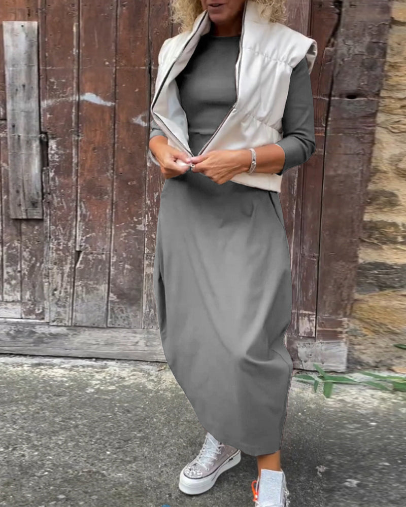 Elegant Maxi Dress with Long Sleeves & Pockets