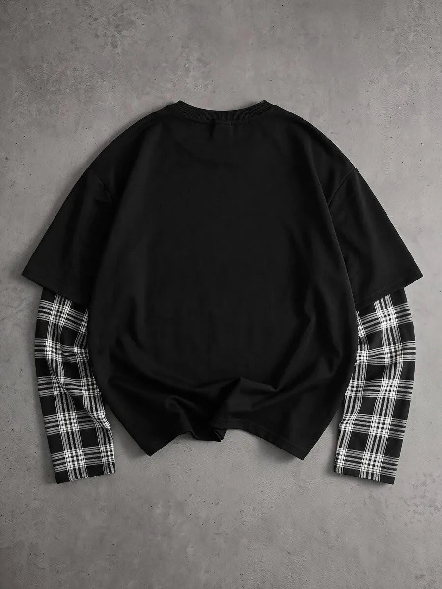 T-shirt met plaid patchwork mouwen