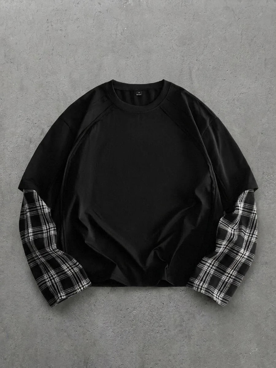 T-shirt met plaid patchwork mouwen
