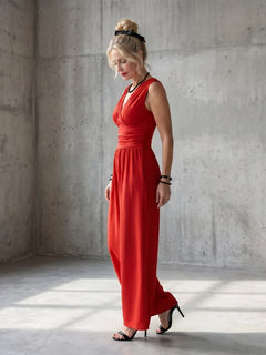 Rode jumpsuit met wijde pijpen