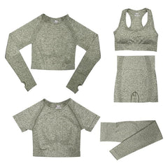 5-delige Sport Set | Dames tops en sportleggings met hoge taille in de kleur Legergroen voor dames in stijl geschikt voor alle seizoenen.