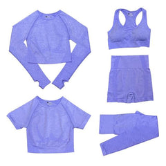 5-delige Sport Set | Dames tops en sportleggings met hoge taille in de kleur Paars voor dames in stijl geschikt voor alle seizoenen.
