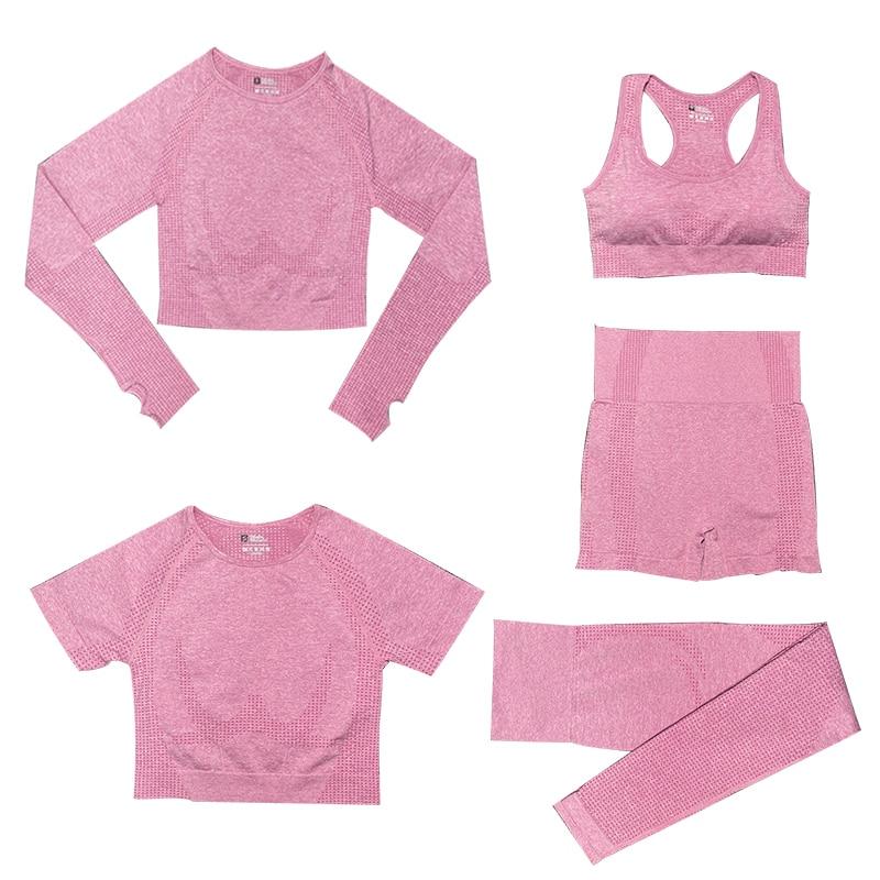 5-delige Sport Set | Dames tops en sportleggings met hoge taille in de kleur Roze voor dames in stijl geschikt voor alle seizoenen.
