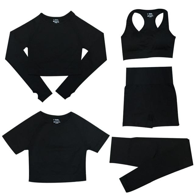 5-delige Sport Set | Dames tops en sportleggings met hoge taille in de kleur Zwart voor dames in stijl geschikt voor alle seizoenen.