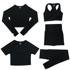 5-delige Sport Set | Dames tops en sportleggings met hoge taille in de kleur Zwart voor dames in stijl geschikt voor alle seizoenen.