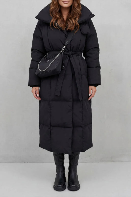 Lange puffer jas met ceintuur