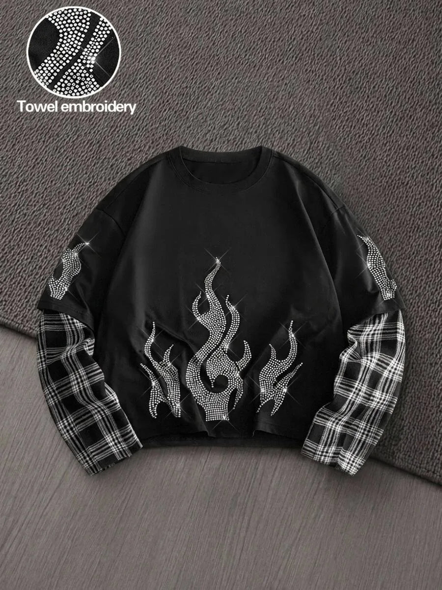T-shirt met plaid patchwork mouwen