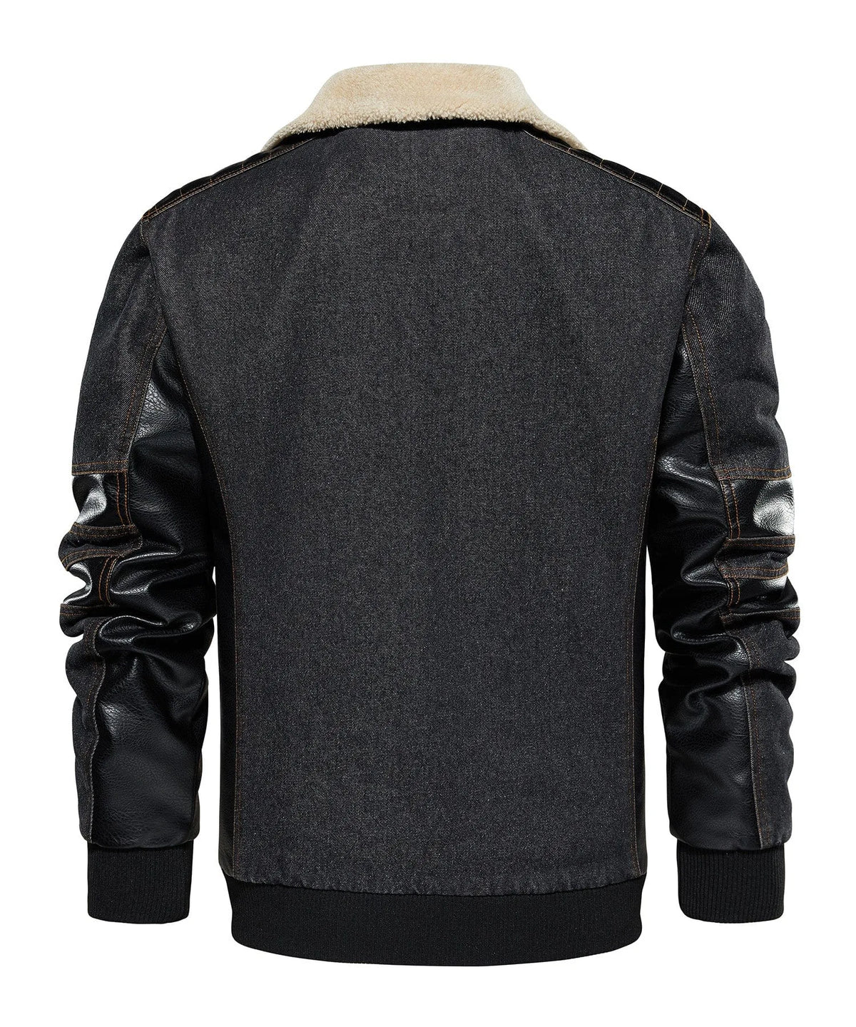 Bomberjack met denim en leren mouwen