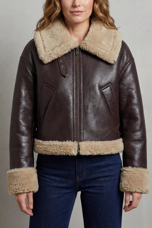 Cropped aviator jacket met fleece