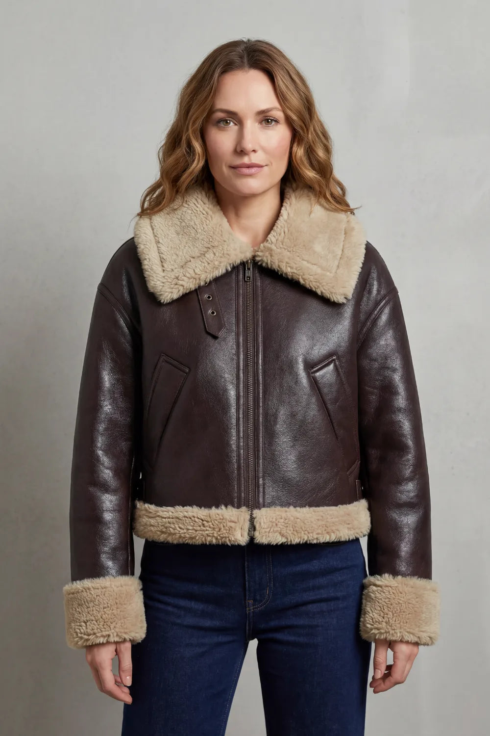 Cropped aviator jacket met fleece