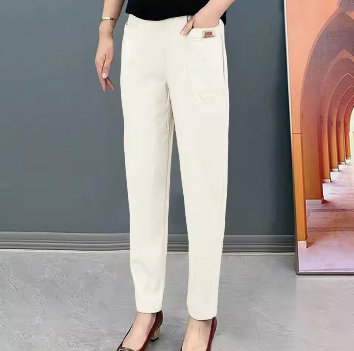 Katoenen broek met rechte pasvorm en elastische taille