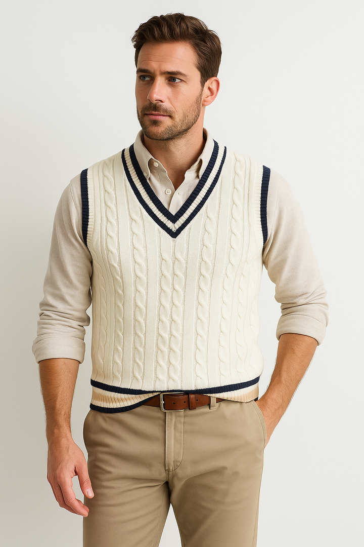 Mouwloos vest met v-hals en kabelpatroon