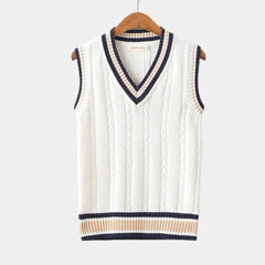 Mouwloos vest met v-hals en kabelpatroon