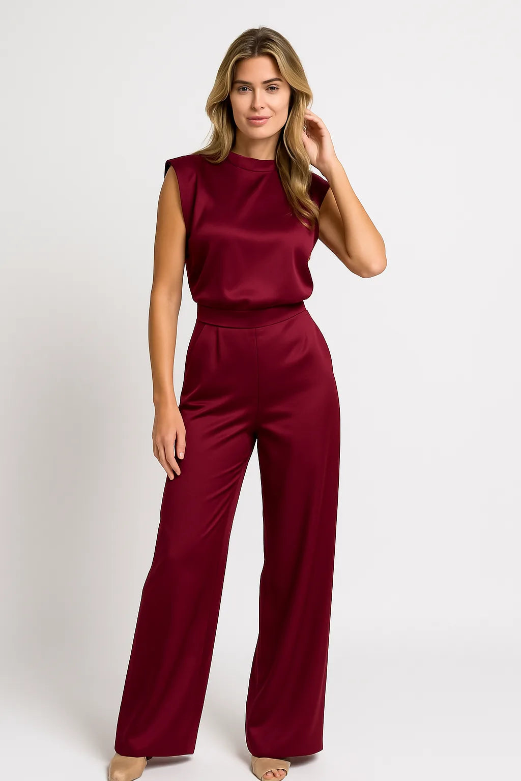 Mouwloze jumpsuit met luxe satijnlook en wijde pijpen