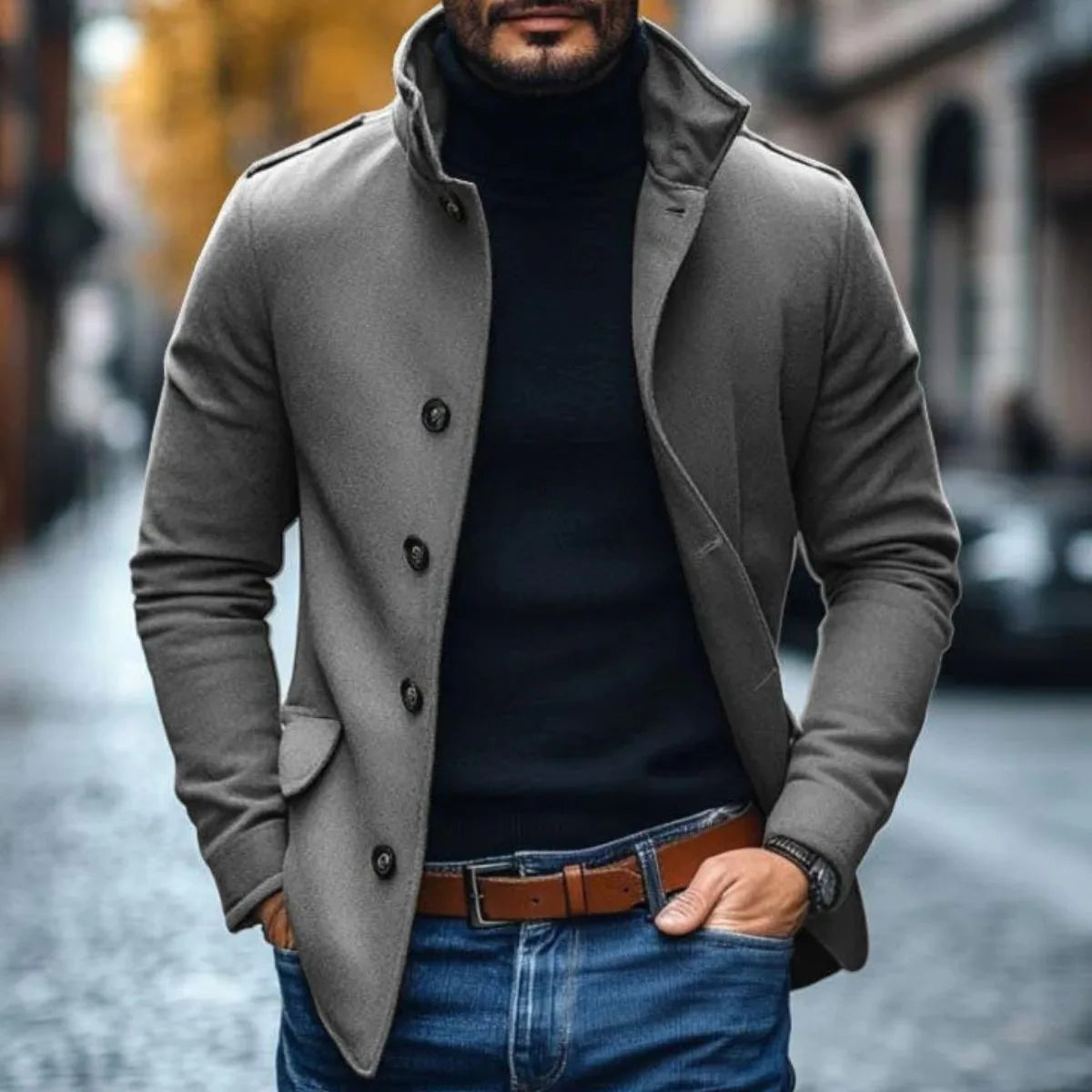 Slim fit jas met opstaande kraag en knoopsluiting