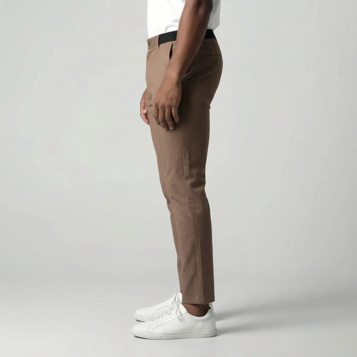 Slim fit lichtbruine stretch broek met elastische tailleband