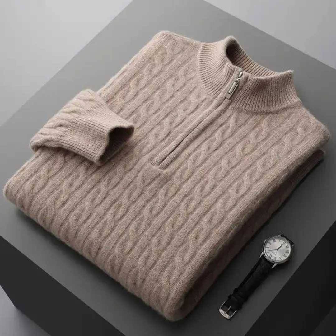 Ben | 100% kasjmier halve rits trui in de kleur Beige voor heren in Heritage stijl geschikt voor alle seizoenen.