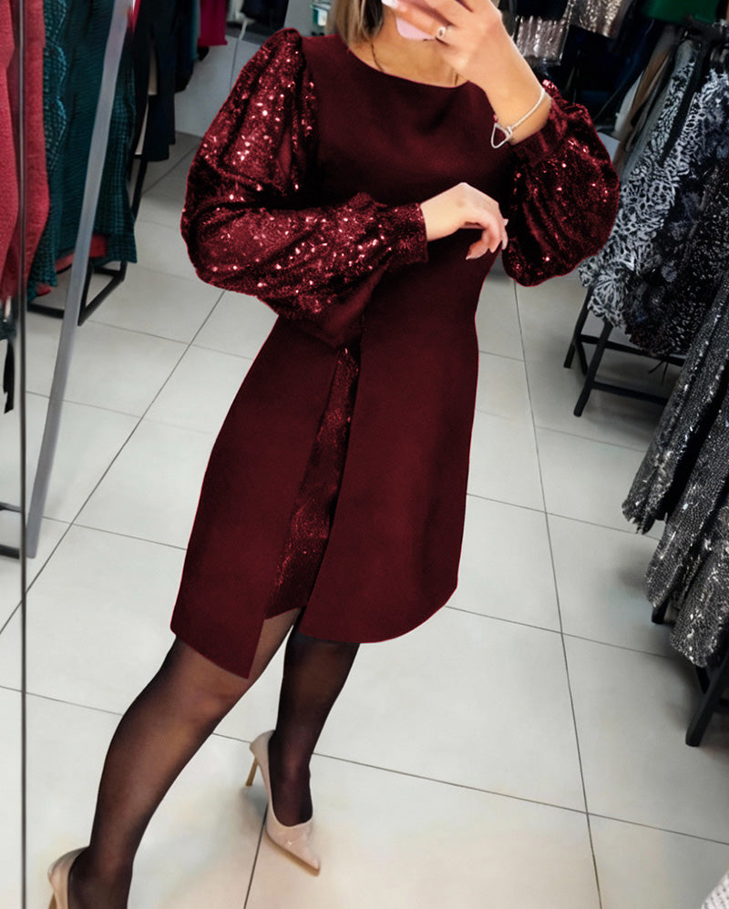 Elegancka Boże Narodzenie Sukienka z Bufiastymi Rękawami i Brokatem