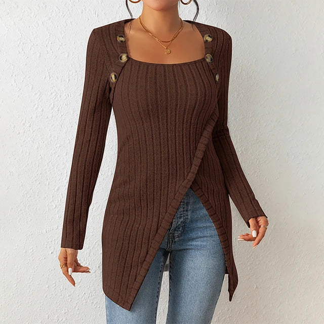 Claudia | Asymmetrische geribbelde cardigan in de kleur Donkerbruin voor dames in stijl ideaal voor de herfst.