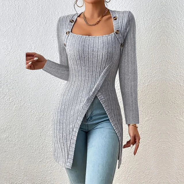 Claudia | Asymmetrische geribbelde cardigan in de kleur Grijs voor dames in stijl ideaal voor de herfst.