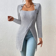 Claudia | Asymmetrische geribbelde cardigan in de kleur Grijs voor dames in stijl ideaal voor de herfst.