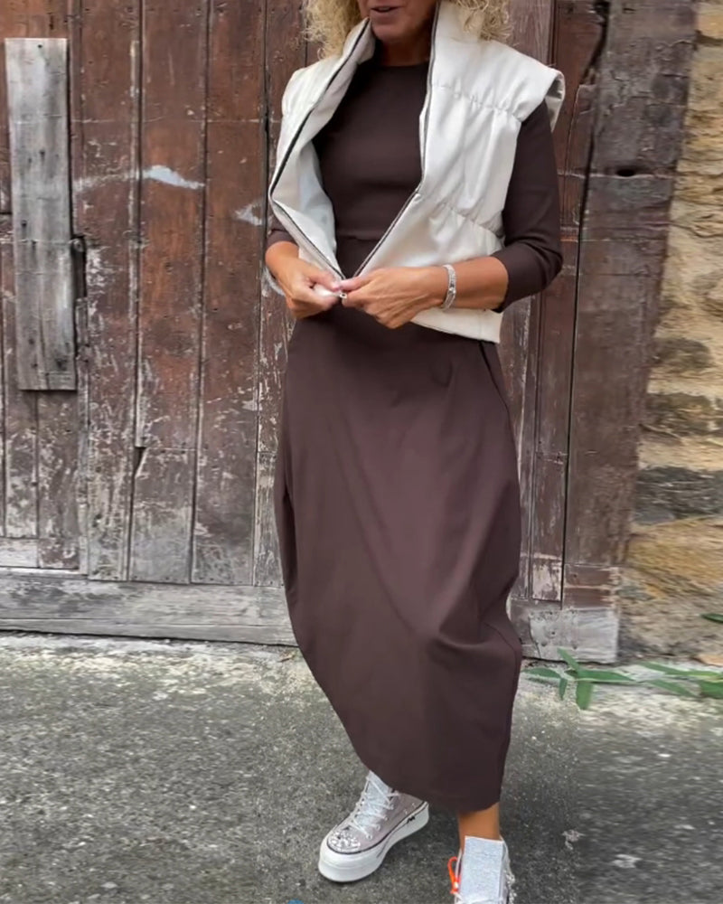 Elegant Maxi Dress with Long Sleeves & Pockets