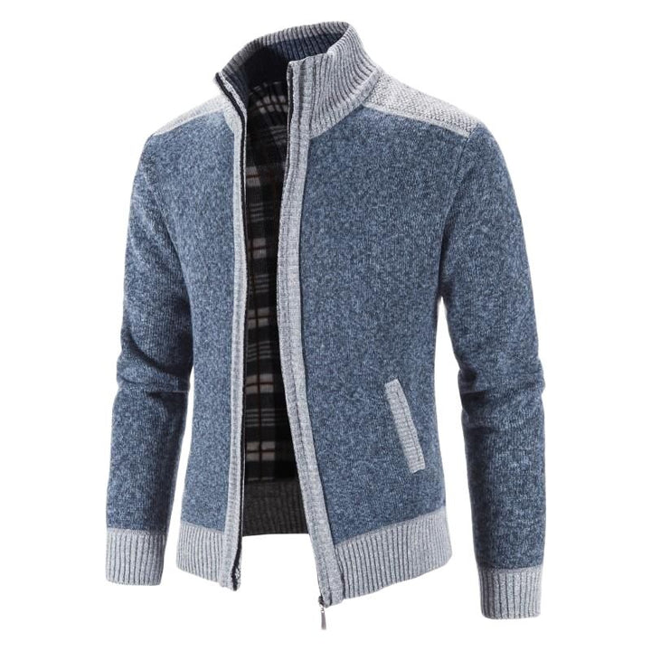 Heren vest met gebreid patchwork design en handige rits voor een stijlvolle en veelzijdige look.