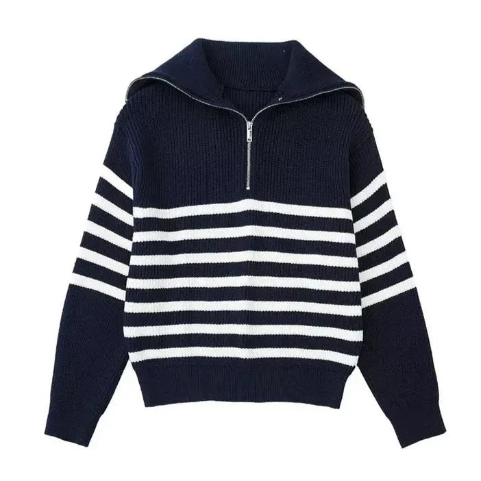 Damian | Gestreepte rits trui in de kleur Marineblauw voor heren in stijl ideaal voor de winter