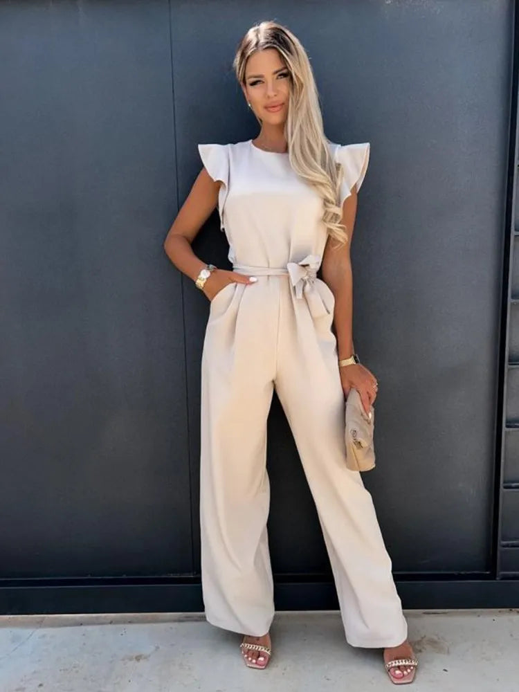 Stijlvolle Jumpsuit met Ruches Mouwen en Ceintuur - Perfect voor Elke Gelegenheid