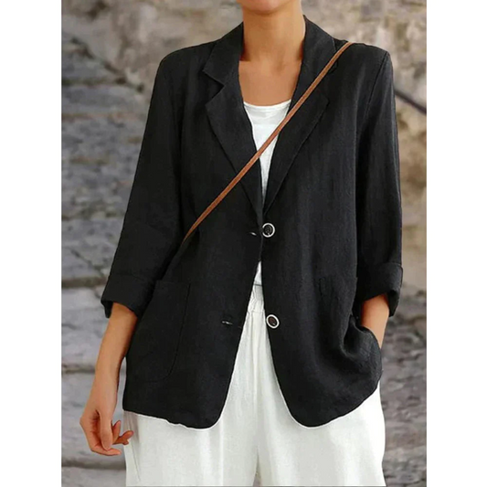 Esmée | Linnen dames blazer in de kleur Zwart voor dames in Beach stijl geschikt voor alle seizoenen.