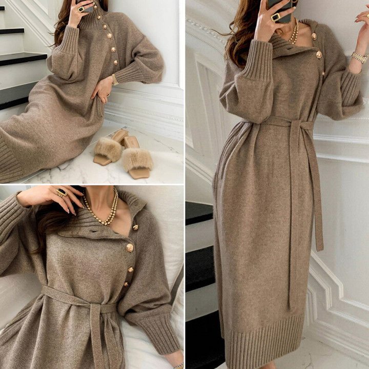 Eva | Luxe damesjurk in de kleur Beige voor dames in stijl ideaal voor de herfst.