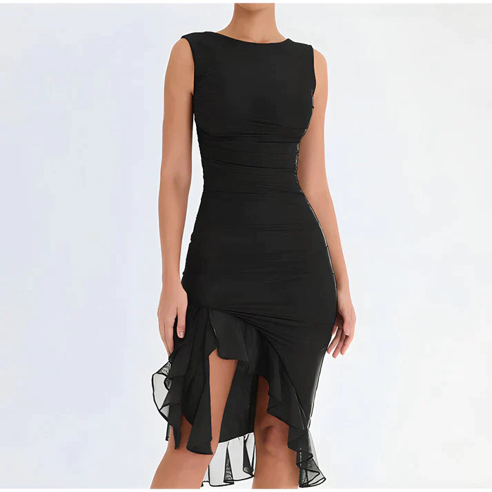 Fenna | Elegante bodycon jurk met ruches in de kleur Zwart voor dames in Party stijl ideaal voor de lente.