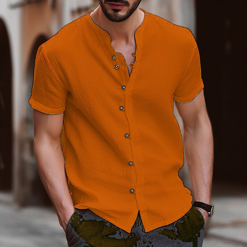 James | Linnen herenoverhemd met mock hals in de kleur Oranje voor heren in stijl ideaal voor de lente.