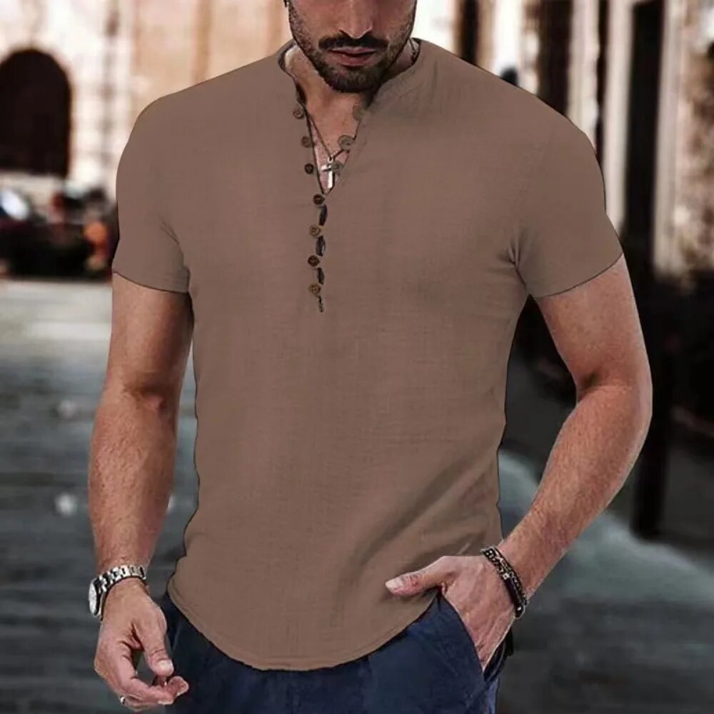 Jeroen | Katoenen linnen shirt met V-hals voor heren in de kleur Bruin voor heren in stijl ideaal voor de lente.