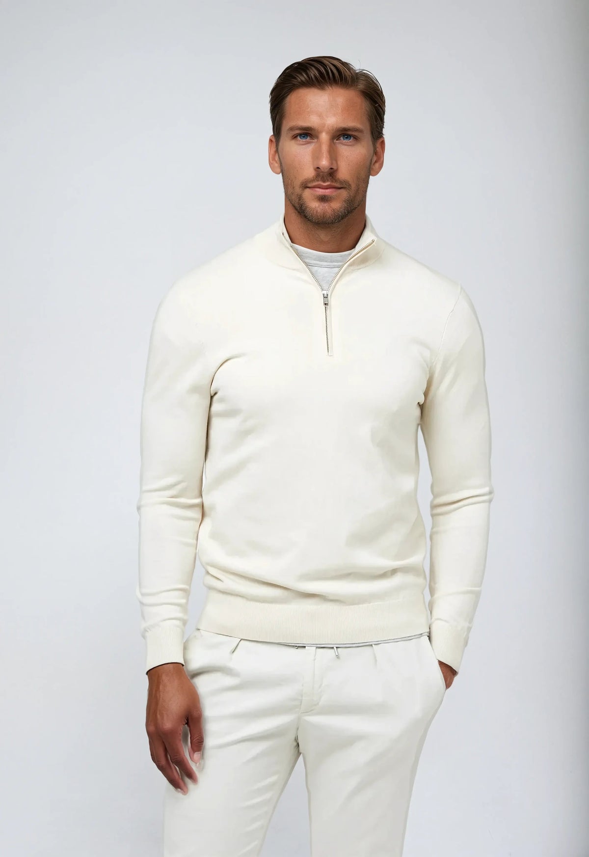 Elise | Stijlvolle Witte Sweater met Halve Rits