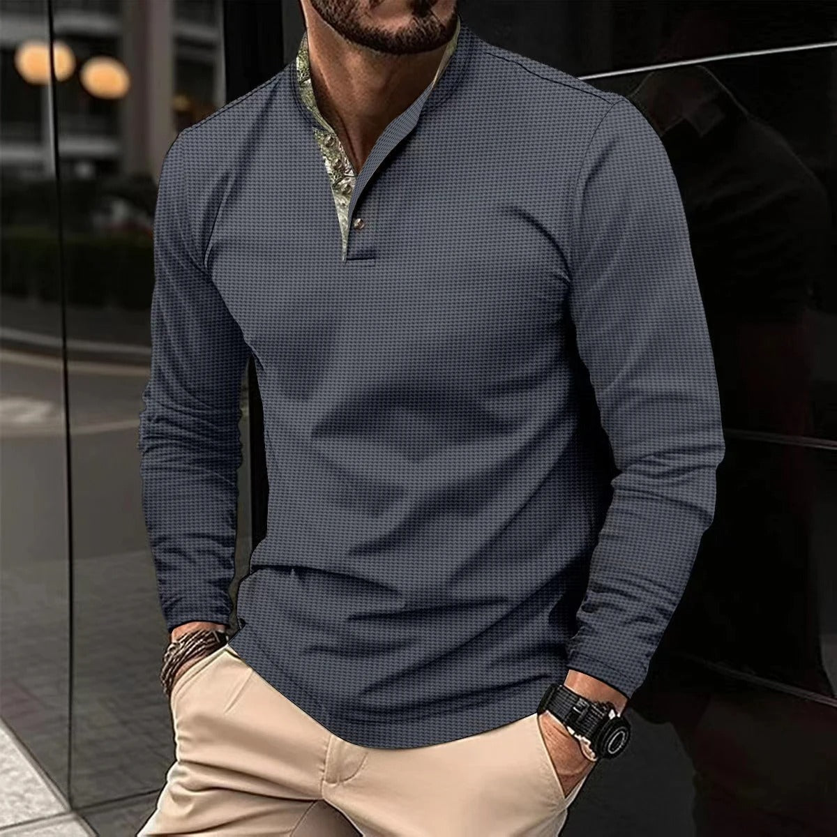 Joris | Stijlvolle longsleeve polo met gekleurde boordkraag in de kleur Grijs voor heren in Smart-casual stijl geschikt voor alle seizoenen.