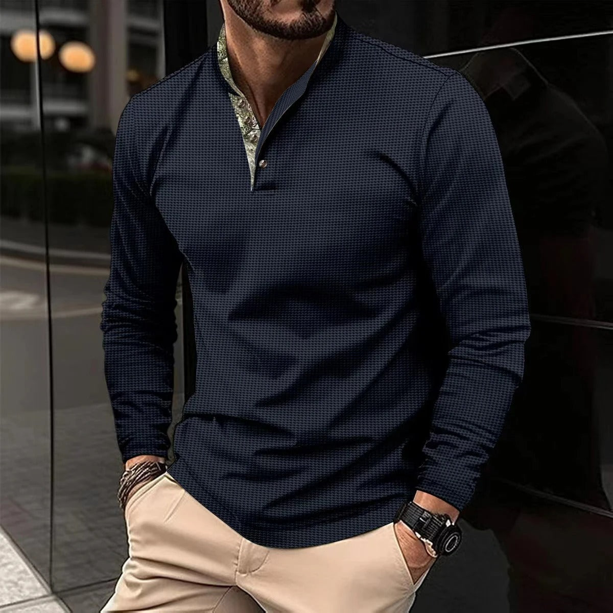 Joris | Stijlvolle longsleeve polo met gekleurde boordkraag in de kleur Marineblauw voor heren in Smart-casual stijl geschikt voor alle seizoenen.