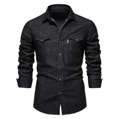 Julian | Casual denim herenoverhemd in de kleur Zwart voor heren in Heritage stijl ideaal voor de herfst.